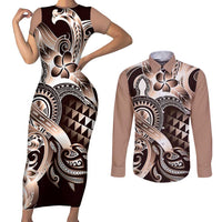 Aloha Mocha Mousse Tribal Honu Tattoo Couples Matching Short Sleeve Bodycon Dress and Long Sleeve Button Shirt LT9 Mocha Mousse - Polynesian Pride