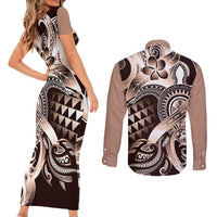 Aloha Mocha Mousse Tribal Honu Tattoo Couples Matching Short Sleeve Bodycon Dress and Long Sleeve Button Shirt LT9 - Polynesian Pride