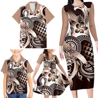 Aloha Mocha Mousse Tribal Honu Tattoo Family Matching Long Sleeve Bodycon Dress and Hawaiian Shirt LT9 - Polynesian Pride