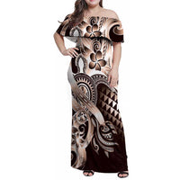 Aloha Mocha Mousse Tribal Honu Tattoo Family Matching Off Shoulder Maxi Dress and Hawaiian Shirt LT9 Mom's Dress Mocha Mousse - Polynesian Pride