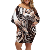 Aloha Mocha Mousse Tribal Honu Tattoo Family Matching Off Shoulder Short Dress and Hawaiian Shirt LT9 Mom's Dress Mocha Mousse - Polynesian Pride