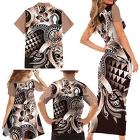 Aloha Mocha Mousse Tribal Honu Tattoo Family Matching Short Sleeve Bodycon Dress and Hawaiian Shirt LT9 - Polynesian Pride