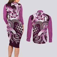 Aloha Pink Tribal Honu Tattoo Couples Matching Long Sleeve Bodycon Dress and Long Sleeve Button Shirt LT9 - Polynesian Pride