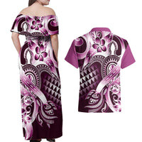 Aloha Pink Tribal Honu Tattoo Couples Matching Off Shoulder Maxi Dress and Hawaiian Shirt LT9 - Polynesian Pride