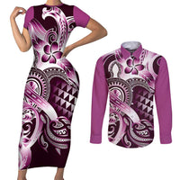 Aloha Pink Tribal Honu Tattoo Couples Matching Short Sleeve Bodycon Dress and Long Sleeve Button Shirt LT9 Pink - Polynesian Pride