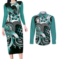 Aloha Turquoise Tribal Honu Tattoo Couples Matching Long Sleeve Bodycon Dress and Long Sleeve Button Shirt LT9 Turquoise - Polynesian Pride