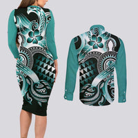 Aloha Turquoise Tribal Honu Tattoo Couples Matching Long Sleeve Bodycon Dress and Long Sleeve Button Shirt LT9 - Polynesian Pride