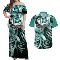 Aloha Turquoise Tribal Honu Tattoo Couples Matching Off Shoulder Maxi Dress and Hawaiian Shirt LT9 Turquoise - Polynesian Pride