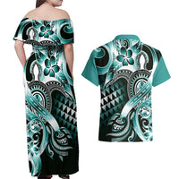 Aloha Turquoise Tribal Honu Tattoo Couples Matching Off Shoulder Maxi Dress and Hawaiian Shirt LT9 - Polynesian Pride