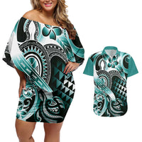 Aloha Turquoise Tribal Honu Tattoo Couples Matching Off Shoulder Short Dress and Hawaiian Shirt LT9 Turquoise - Polynesian Pride
