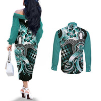 Aloha Turquoise Tribal Honu Tattoo Couples Matching Off The Shoulder Long Sleeve Dress and Long Sleeve Button Shirt LT9 - Polynesian Pride