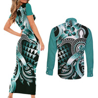 Aloha Turquoise Tribal Honu Tattoo Couples Matching Short Sleeve Bodycon Dress and Long Sleeve Button Shirt LT9 - Polynesian Pride