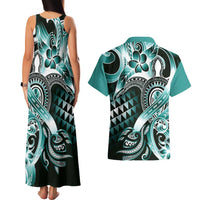 Aloha Turquoise Tribal Honu Tattoo Couples Matching Tank Maxi Dress and Hawaiian Shirt LT9 - Polynesian Pride