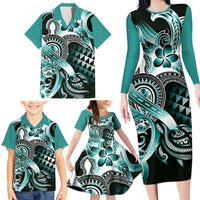 Aloha Turquoise Tribal Honu Tattoo Family Matching Long Sleeve Bodycon Dress and Hawaiian Shirt LT9 - Polynesian Pride