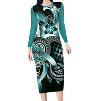 Aloha Turquoise Tribal Honu Tattoo Family Matching Long Sleeve Bodycon Dress and Hawaiian Shirt LT9 Mom's Dress Turquoise - Polynesian Pride