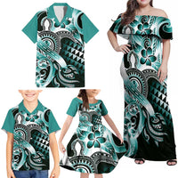 Aloha Turquoise Tribal Honu Tattoo Family Matching Off Shoulder Maxi Dress and Hawaiian Shirt LT9 - Polynesian Pride