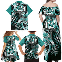 Aloha Turquoise Tribal Honu Tattoo Family Matching Off Shoulder Maxi Dress and Hawaiian Shirt LT9 - Polynesian Pride