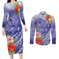 Personalised Chuuk States Humpback Whale Couples Matching Long Sleeve Bodycon Dress and Long Sleeve Button Shirt Polynesian Tropical Flowers LT9 Blue - Polynesian Pride