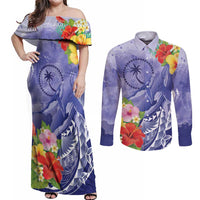 Personalised Chuuk States Humpback Whale Couples Matching Off Shoulder Maxi Dress and Long Sleeve Button Shirt Polynesian Tropical Flowers LT9 Blue - Polynesian Pride