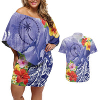 Personalised Chuuk States Humpback Whale Couples Matching Off Shoulder Short Dress and Hawaiian Shirt Polynesian Tropical Flowers LT9 Blue - Polynesian Pride