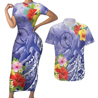Personalised Chuuk States Humpback Whale Couples Matching Short Sleeve Bodycon Dress and Hawaiian Shirt Polynesian Tropical Flowers LT9 Blue - Polynesian Pride