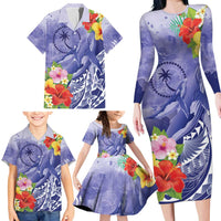 Personalised Chuuk States Humpback Whale Family Matching Long Sleeve Bodycon Dress and Hawaiian Shirt Polynesian Tropical Flowers LT9 - Polynesian Pride
