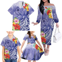 Personalised Chuuk States Humpback Whale Family Matching Off The Shoulder Long Sleeve Dress and Hawaiian Shirt Polynesian Tropical Flowers LT9 - Polynesian Pride