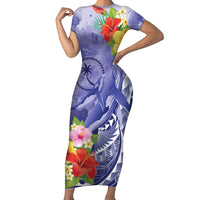 Personalised Chuuk States Humpback Whale Family Matching Short Sleeve Bodycon Dress and Hawaiian Shirt Polynesian Tropical Flowers LT9 Mom's Dress Blue - Polynesian Pride