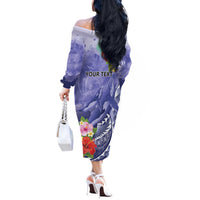 Personalised Chuuk States Humpback Whale Off The Shoulder Long Sleeve Dress Polynesian Tropical Flowers LT9 - Polynesian Pride