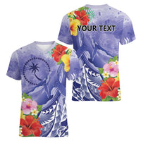 Personalised Chuuk States Humpback Whale Women V-Neck T-Shirt Polynesian Tropical Flowers LT9 - Polynesian Pride