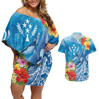 Personalised Kosrae States Humpback Whale Couples Matching Off Shoulder Short Dress and Hawaiian Shirt Polynesian Tropical Flowers LT9 Blue - Polynesian Pride