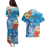 Personalised Kosrae States Humpback Whale Couples Matching Puletasi and Hawaiian Shirt Polynesian Tropical Flowers LT9 - Polynesian Pride
