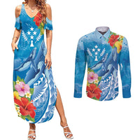 Personalised Kosrae States Humpback Whale Couples Matching Summer Maxi Dress and Long Sleeve Button Shirt Polynesian Tropical Flowers LT9 Blue - Polynesian Pride