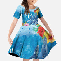 Personalised Kosrae States Humpback Whale Family Matching Off Shoulder Maxi Dress and Hawaiian Shirt Polynesian Tropical Flowers LT9 Daughter's Dress Blue - Polynesian Pride