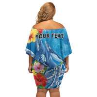Personalised Kosrae States Humpback Whale Family Matching Off Shoulder Short Dress and Hawaiian Shirt Polynesian Tropical Flowers LT9 - Polynesian Pride