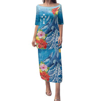Personalised Kosrae States Humpback Whale Family Matching Puletasi and Hawaiian Shirt Polynesian Tropical Flowers LT9 Mom's Dress Blue - Polynesian Pride