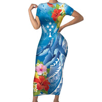 Personalised Kosrae States Humpback Whale Family Matching Short Sleeve Bodycon Dress and Hawaiian Shirt Polynesian Tropical Flowers LT9 Mom's Dress Blue - Polynesian Pride