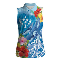 Personalised Kosrae States Humpback Whale Women Sleeveless Polo Shirt Polynesian Tropical Flowers LT9 Female Blue - Polynesian Pride