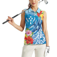 Personalised Kosrae States Humpback Whale Women Sleeveless Polo Shirt Polynesian Tropical Flowers LT9 - Polynesian Pride