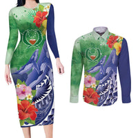 Personalised Pohnpei States Humpback Whale Couples Matching Long Sleeve Bodycon Dress and Long Sleeve Button Shirt Polynesian Tropical Flowers LT9 Blue - Polynesian Pride