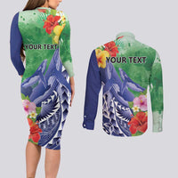 Personalised Pohnpei States Humpback Whale Couples Matching Long Sleeve Bodycon Dress and Long Sleeve Button Shirt Polynesian Tropical Flowers LT9 - Polynesian Pride