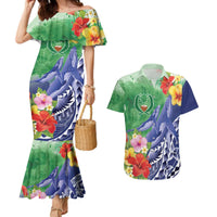 Personalised Pohnpei States Humpback Whale Couples Matching Mermaid Dress and Hawaiian Shirt Polynesian Tropical Flowers LT9 Blue - Polynesian Pride