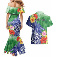 Personalised Pohnpei States Humpback Whale Couples Matching Mermaid Dress and Hawaiian Shirt Polynesian Tropical Flowers LT9 - Polynesian Pride