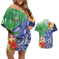 Personalised Pohnpei States Humpback Whale Couples Matching Off Shoulder Short Dress and Hawaiian Shirt Polynesian Tropical Flowers LT9 Blue - Polynesian Pride