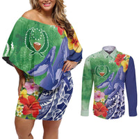 Personalised Pohnpei States Humpback Whale Couples Matching Off Shoulder Short Dress and Long Sleeve Button Shirt Polynesian Tropical Flowers LT9 Blue - Polynesian Pride