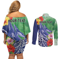 Personalised Pohnpei States Humpback Whale Couples Matching Off Shoulder Short Dress and Long Sleeve Button Shirt Polynesian Tropical Flowers LT9 - Polynesian Pride