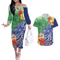 Personalised Pohnpei States Humpback Whale Couples Matching Off The Shoulder Long Sleeve Dress and Hawaiian Shirt Polynesian Tropical Flowers LT9 Blue - Polynesian Pride