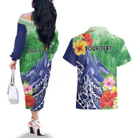 Personalised Pohnpei States Humpback Whale Couples Matching Off The Shoulder Long Sleeve Dress and Hawaiian Shirt Polynesian Tropical Flowers LT9 - Polynesian Pride
