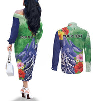 Personalised Pohnpei States Humpback Whale Couples Matching Off The Shoulder Long Sleeve Dress and Long Sleeve Button Shirt Polynesian Tropical Flowers LT9 - Polynesian Pride