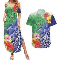 Personalised Pohnpei States Humpback Whale Couples Matching Summer Maxi Dress and Hawaiian Shirt Polynesian Tropical Flowers LT9 Blue - Polynesian Pride